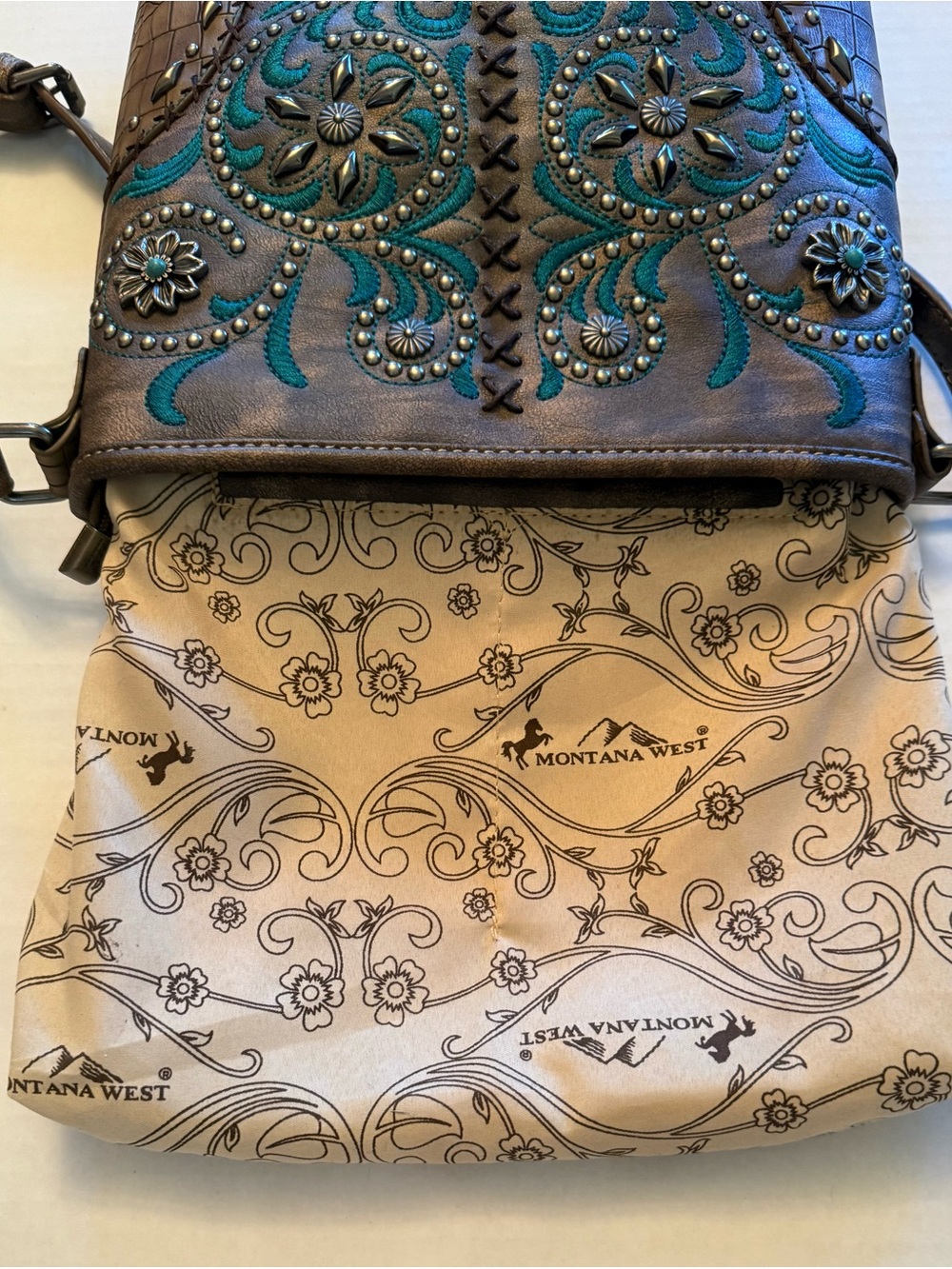 Montana West Western Crossbody Purse Brown Turquoise Embroidered Studded Bag - Picture 9 of 15